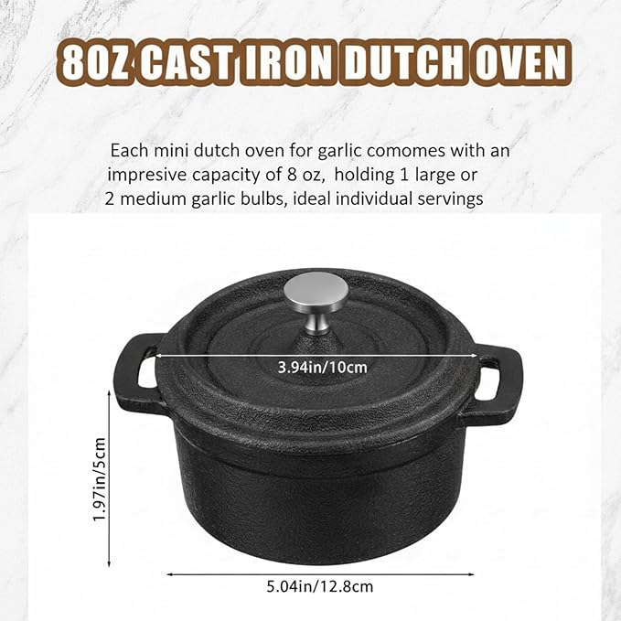 4 Pcs Mini Dutch Oven, 500F Small Round Iron Cocotte Black Dutch Oven Pot with Lid and Dual Handles Cast Iron Pot for Stovetop Use Marinate Cook Bake Refrigerate, Individual Servings(8 oz)
