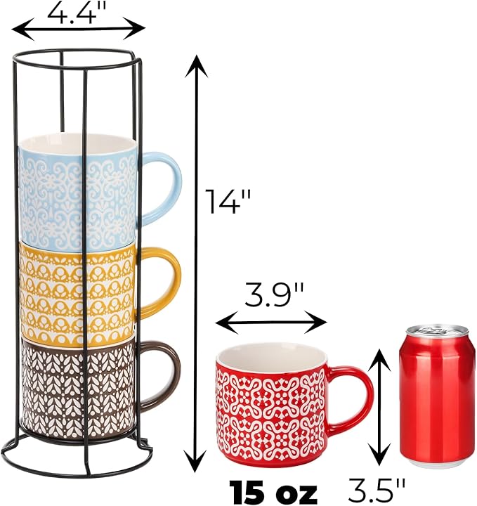 Hiceeden Set of 4 Stackable Coffee Mugs with Rack, 15 oz Colorful Ceramic Coffee Mugs with Metal Stand, Coffee Cup Set for Espresso, Cocoa, Latte, Americano, Cappuccino, Tea, Milk, Multi-colored