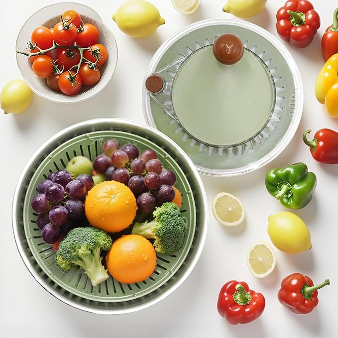 5.3Qt Stainless Steel Salad Spinner, Salad Spinner Stainless Steel With Stop Button & Drain Hole, Non-Slip Base, Vegetable Spinner Dryer, Dishwasher Safe For Kitchen