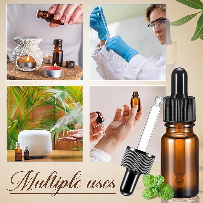 Lallisa 200 Pack Essential Oil Dropper Bottle 10 ml (1/3 Oz) Glass Dropper Bottles DIY for DIY Essential Oil Perfume with Funnels Pipettes Labels for Bathrooms, Hotels, Labs (Amber)