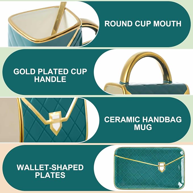 Zubebe 1 Set Coffee Mug Elegant Handbag Shaped Cup Modern Ceramic Purse Mug with Spoon and Saucer, 10oz Cute Creative Tea Cup for Woman Girls Gift (Dark Green)