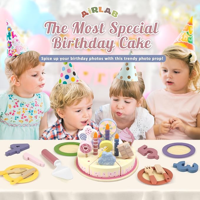 Wooden Birthday Party Cake Play Food Sets for Toddler 3 4 5 Year Old Girls Boys Kids Kitchen Accessories Pretend Play Toy Gift Educational Toys