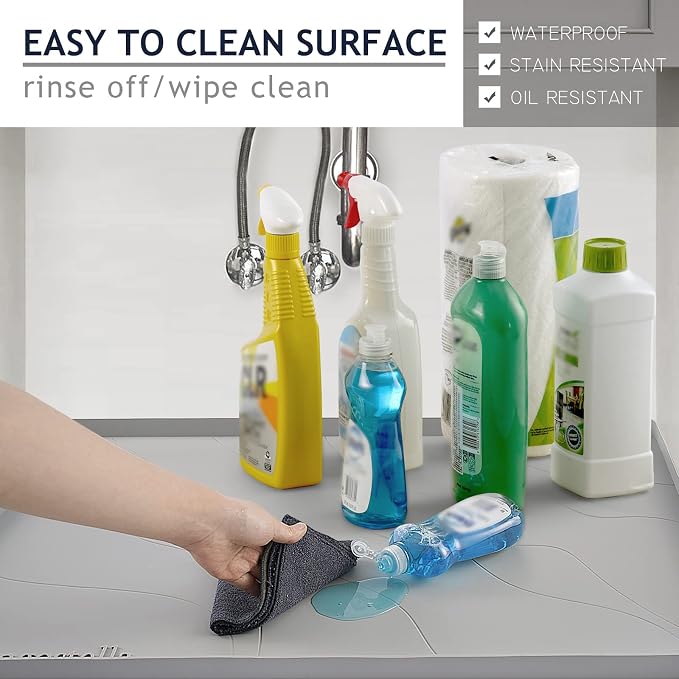 Heavy Duty Silicone Under Sink Mat for Kitchen&Bathroom 25" x 19",Waterproof Under Sink Rubber Mat Drip Tray, Raised Edge Under Sink Liner,Prevent Drips, Leaks, Spills,Grey