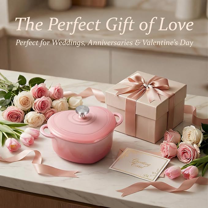 Overmont Heart-Shaped Enameled Cast Iron Dutch Oven, 2QT Pink Mini Pot with Lid for Cozy Meals, Soups & Small Batch Baking, Cute Kitchen Cookware Gift for Wedding, Housewarming & Birthday
