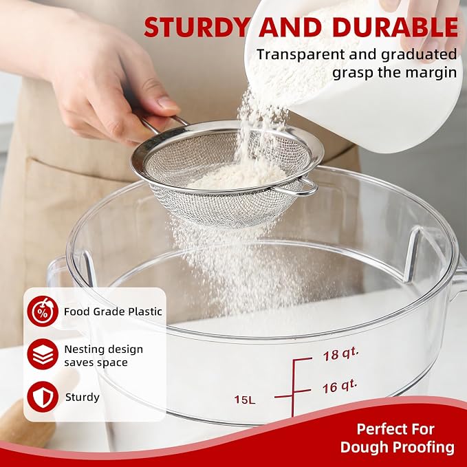 2 Pack Square Food Storage Container With Lid,12-22 Quart Commercial Storage Box With Scale & Handle,Cake Making,Dough Marinating Meat,Kitchen Supplies (Polycarbonate, Round 16 Quart)