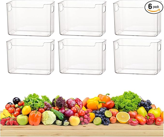 2/4/6/8 Pcs Crystal Clear Freezer Storage Bins, Freezer Organizer Bins, Clear Plastic Bins, Stackable Kitchen Cabinet Organizer with Handles for Frozen Food, Meat & Veggies (6, Transparent, L)