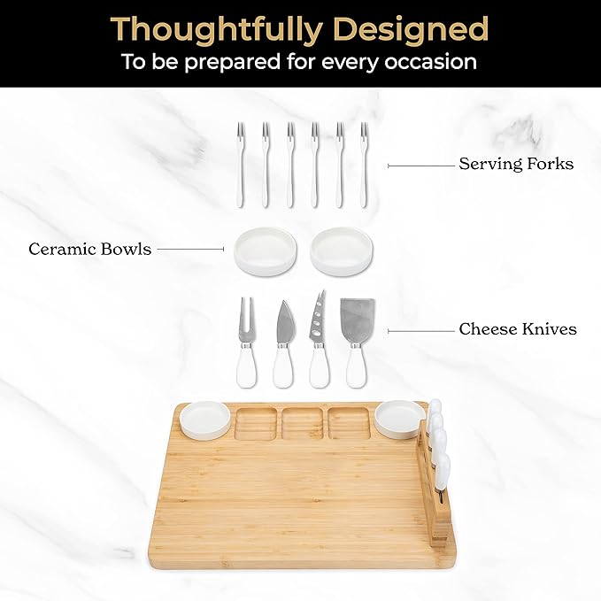 SMIRLY Charcuterie Board Set: Bamboo Rectangular Rustic Brown Cheese Board with Charcuterie Accessories & Round Fruit Tray - Perfect for Entertaining, Gifting, and Serving
