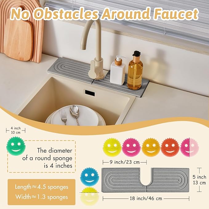 Stone Faucet Mat For Kitchen Sink, 18" Diatomite Fast Drying Stone Kitchen Sink Mat, Super Absorbent, Sink Stone Quick Dry Around Faucet, Stone Sink Splash Guard For Bathroom, Zen Gift, Light Grey
