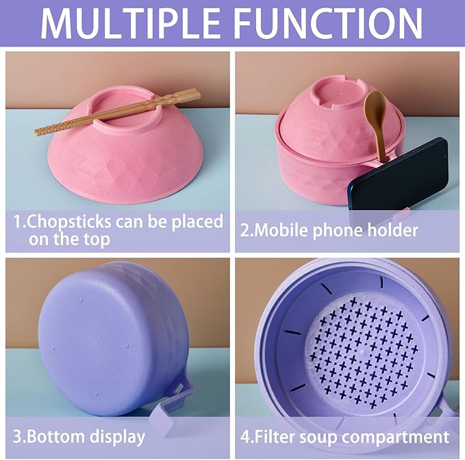 2 Sets Microwave Ramen Bowl 40 oz Wheat Fiber Portable Instant Noodle Cooker Bowl with Handles Strainer Spoon Chopstick Fork College Dorm Room Apartment Essentials(Pink, Purple)