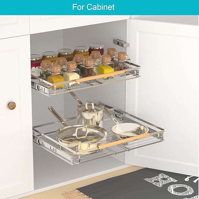 iPEGTOP 2 Pack Pull Out Cabinet Drawer Shelf Organizer, Extendable Sliding Slide Out Pantry Shelves Storage Heavy Duty for Kitchen Cabinets Under Sink, Adjustable Width 17.1~28" W x 22.4" D