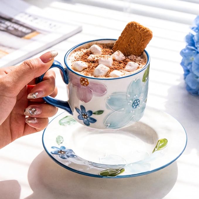 KAMMAK Tea Cups and Saucers Set of 2, Porcelain Coffee Cups, 8.5-Ounce Stackable Espresso Mugs, Ceramic Demitasse for Coffee, Latte, Americano, GX19