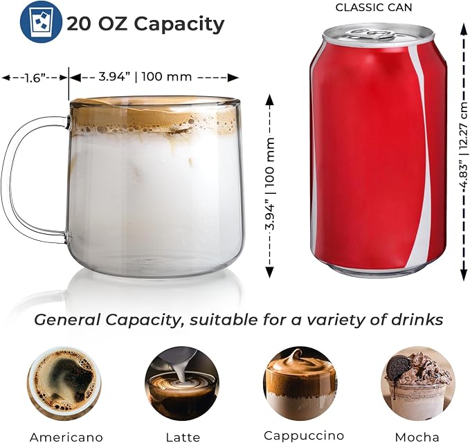 Aquach 20oz Glass Coffee Mugs Set of 2, Large Clear Borosilicate Tea Cups | Dishwasher/Microwave Safe, Single-walled, Smooth Rim, Handle Comfort, Large Capacity Fits Hot/Cold Brews