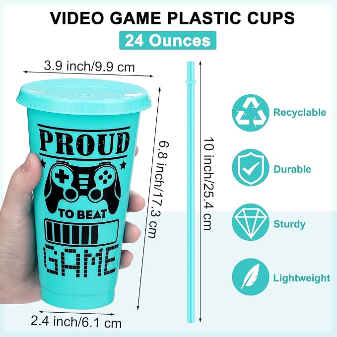 Kochorie 12 Pieces Video Game Plastic Cups 24 Ounces Gaming Party Cups with Lids and Straws Mixed Colors Video Game Tumbler Cups for Birthday Party Video Game Party Supplies Tableware