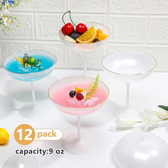 LemonRoad 12 Pcs Plastic Coupe Glasses 9 oz Disposable Martini Glasses for Cocktails, Champagne, Desserts and Espresso, Drinkware Set for Weddings, Birthday Parties, Home Bars (Pearl White)