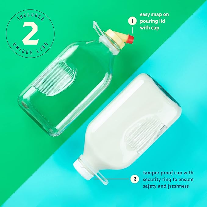 kitchentoolz 64 oz Glass Milk Bottles with Pour Spouts and Tamper-Proof Caps – Half Gallon Containers – 2 Pack – Made in USA