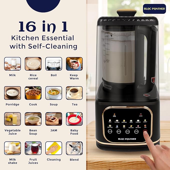 Blac Panther 16-in-1 Blender & Nut Milk Maker, 50oz – Soy/Oat Milk, Plant-Based Milk, Milkshake, Soup Maker. 8 High-Speed Blades, Ultra-Quiet Noise Canceling, Auto Timer, Heat Insulation.