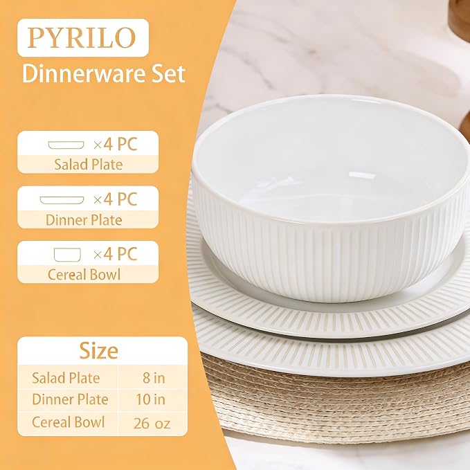 Embossed Ceramic Dinnerware Set for 4 - Arctic White Plates & Bowls Set 12 Pieces - Microwave & Dishwasher Safe Porcelain Chip Resistant Handmade Dishware Set Kitchen Gift, Vertical Stripe
