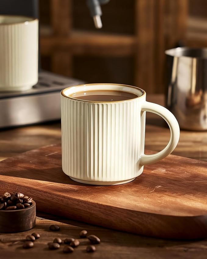 famiware Coffee Mug Set for 6, Star 12 oz Catering Mugs Cup Set with Handle for Coffee, Tea, Cocoa, Milk - Ceramic Stoneware Drinkware Set, Vanilla White