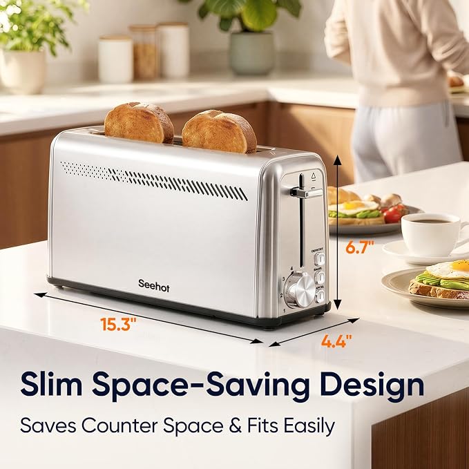 Seehot® Slim Long Slot Stainless Steel Toaster, Toaster 2 Slice Wide Slot with 10.24 x 1.5 in Slot, Bagel Defrost Cancel, 7 Shades, Crumb Tray