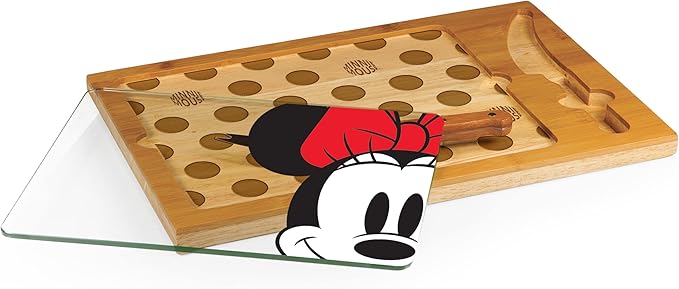 PICNIC TIME Disney Minnie Mouse Icon Glass Top Cheese Board and Knife Set, Charcuterie Serving Tray, Removable Tempered Glass, Parawood and Bamboo Design, (Parawood & Bamboo)