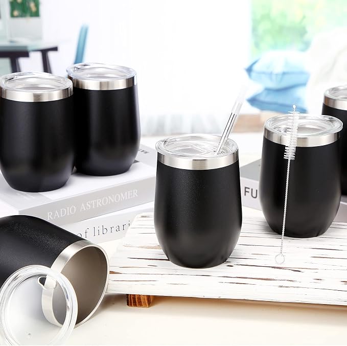 Inbagi 30 Pack 12 oz Stainless Steel Tumblers Bulk with Lids and Straws, Double Wall Insulated Wine Tumblers for Wedding Party Favors, Bridal Shower, Birthday Event Gifts (Black)