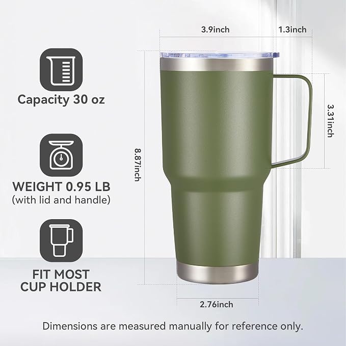 30 oz Tumbler with Handle and Lid, Stainless Steel Tumblers Double Wall Vacuum Insulated Travel Mug Leak Proof Cup Keep Drinks Cold and Hot Army Green, 1 Pack
