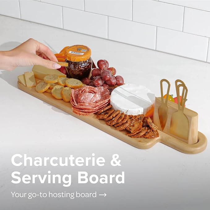Premium Charcuterie Board Set – Kitchen Edge Long Bamboo Cheese Serving Board with Handle & Magnetic Utensil Block, 21in x 7in, Includes 3 Gold Cheese Utensils, Perfect for Entertaining & Gifting