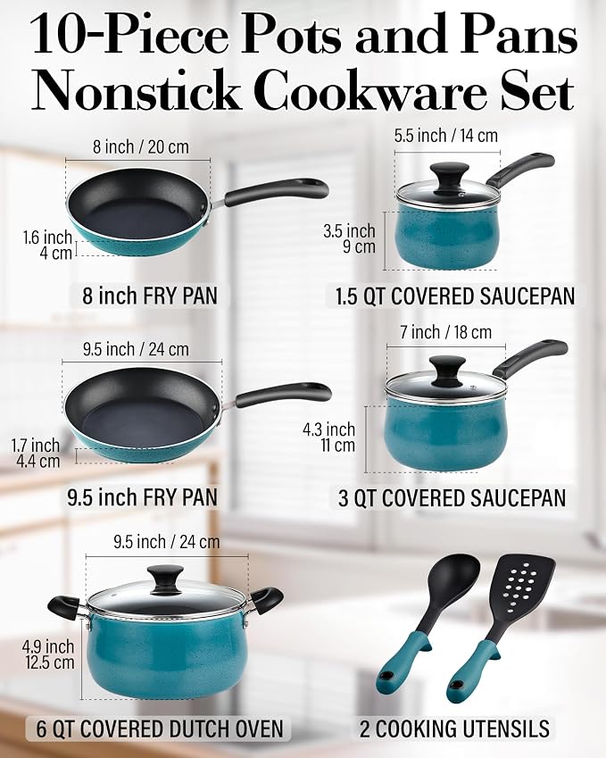 Cook N Home Professional Pots and Pans Nonstick Cookware Set, Belly Shape Kitchen Cooking Set with Frying Pans and Saucepans, Induction Compatible, 10-Piece, Turquoise