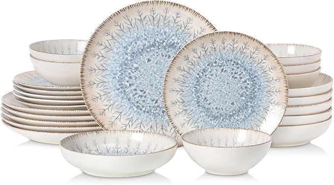 DOMICREVERY Ceramic Dinnerware Sets for 6, 24 pcs Plates and Bowls Sets, Blue Branch
