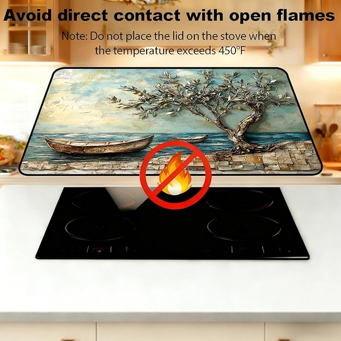 Stove Top Cover for Electric Stove, Vintage Farmhouse Style Glass Cooktop Protector, Multi-functional Kitchen Counter & Washer Top Cover