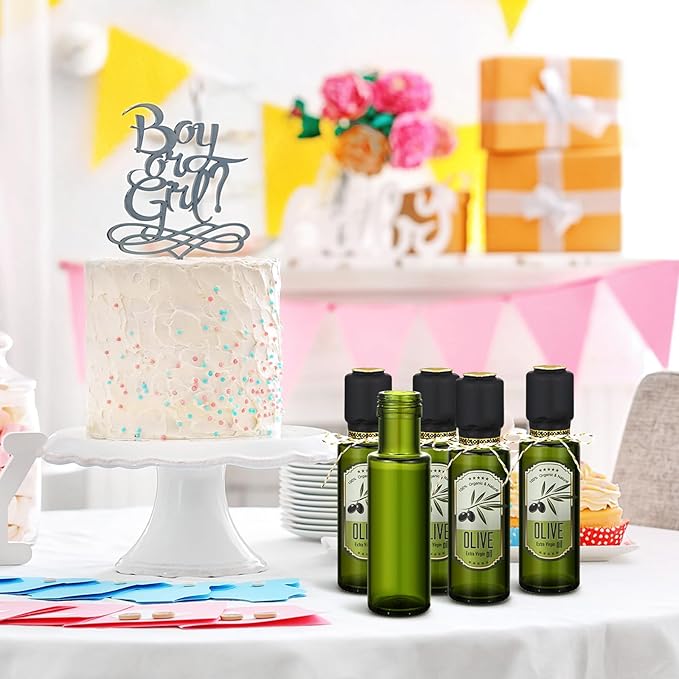 Reallnaive 40 Pcs 4 oz Mini Glass Olive Oil Bottles Empty Sauce Condiment Bottles with Dropper Inserts and Sticker Seals Caps for Gifts Kitchen (Olive Pattern,Dark Green)