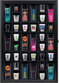 Shot Glass Display Cabinet Solid Wood - Large Display Case for Collectibles | Man Cave Accessories | UV Protection Acrylic Door | Wall Mounted Black Shadow Box | 36 Divided Slots | 26" x 18"