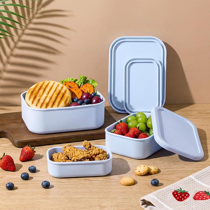 Blushtier 2 Sets of 6 Silicone Food Storage Containers, Reusable Lunch Bento Box with Lid, Hard Shell Storage Containers, Microwave Dishwasher Freezer Safe, 10 oz, 23.6 oz, 44 Ounce(Purple Blue)