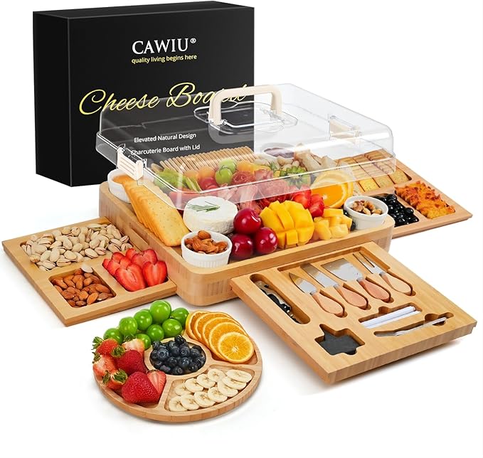 CAWIU Charcuterie Board with Lid – Large Bamboo Cheese Board Set with Utensils & Drawers – Housewarming, Wedding Gifts for Couples, Serving Tray with Cover (Cream)
