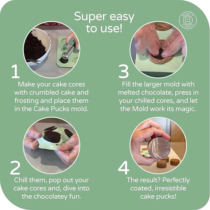 Benty Cakes – The Original Cake Puck Mold Set – Better than a Cake Pop! Make Chocolate Covered Desserts – BPA Free Silicone – Includes 1 Mold Set, 1 Plastic Tray and 1 Scraper – Green