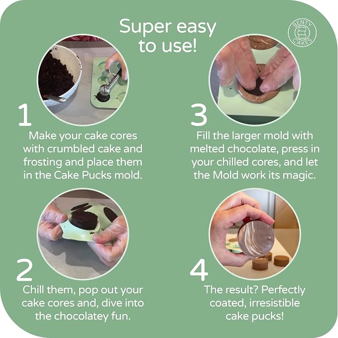 Benty Cakes – The Original Cake Puck Bonus Bundle Set – Better than a Cake Pop! Make Chocolate Covered Desserts – BPA Free Silicone – Includes 1 Mold Set, 2 Trays and 2 Scrapers – Green