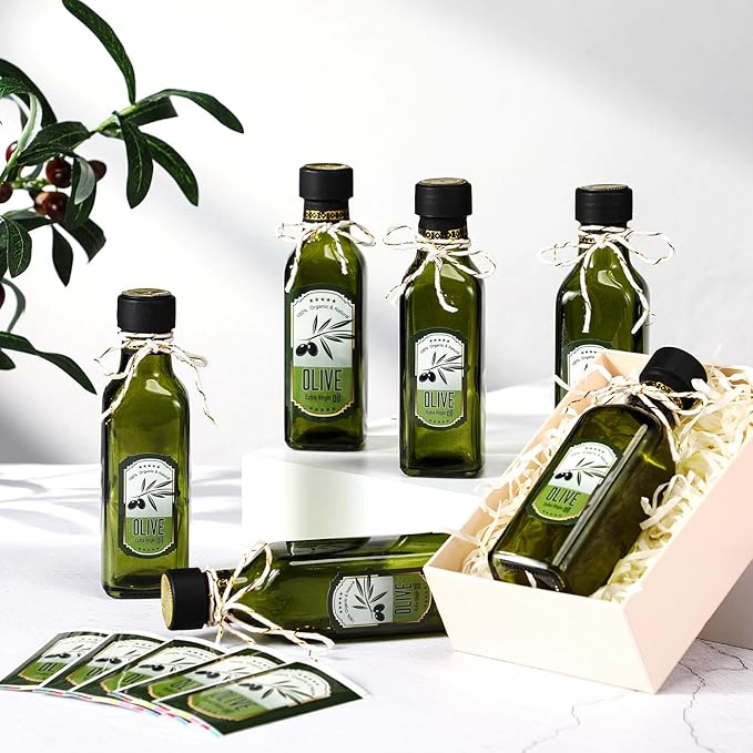 Reallnaive 20 Pcs 4 oz Mini Glass Olive Oil Bottles Empty Sauce Condiment Bottles with Dropper Inserts and Sticker Seals Caps for Gifts Kitchen (Sqaure,Dark Green)