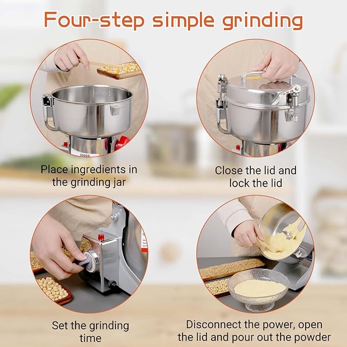 BI-DTOOL Electric Grain Mill Grinder 2000g Stainless Steel Pulverizer 36000r/min High-speed Grain Mill 3500W Dry Material Grinding Machine 270° swingable Superfine powder for Home and Commercial