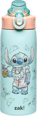 Zak Designs Disney Sage Kids Water Bottle For School or Travel, 19oz Stainless Steel Water Bottle With Straw, Handle, and Leak-Proof, Pop-Up Spout Cover (Stitch)