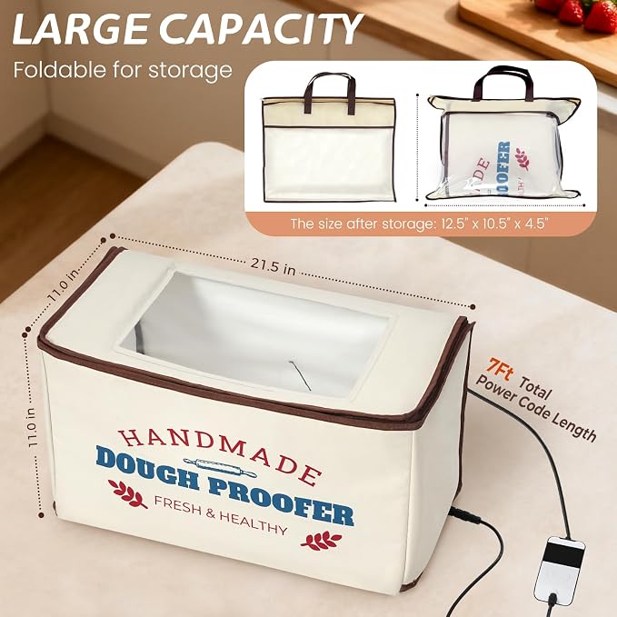 Extra Large Folding Dough Proofing Box with 3-Sided Heating, Temp Control (50-130℉), 24-Hour Timer, Beep Alert, Storage Bag – Ideal for Sourdough, Pizza, Yogurt & Seed Starting