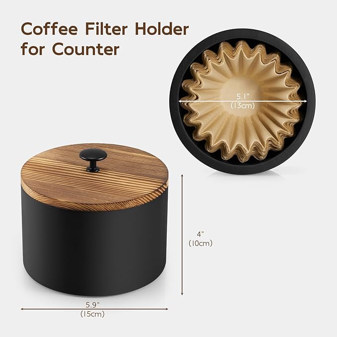 Coffee Filter Holder, Wood Filter Storage Container for Counter&Recipe Box, Wood Recipe Card Box Set, Recipe Box with 100 Cards and 6 Dividers