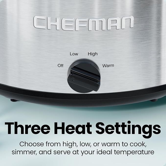Chefman Slow Cooker 7 Quart, Large Family Size Slow Cooker with Low, High & Warm Settings, Removable Ceramic Crock, Tempered Glass Lid, Dishwasher-Safe for Easy Cleanup, Stainless Steel