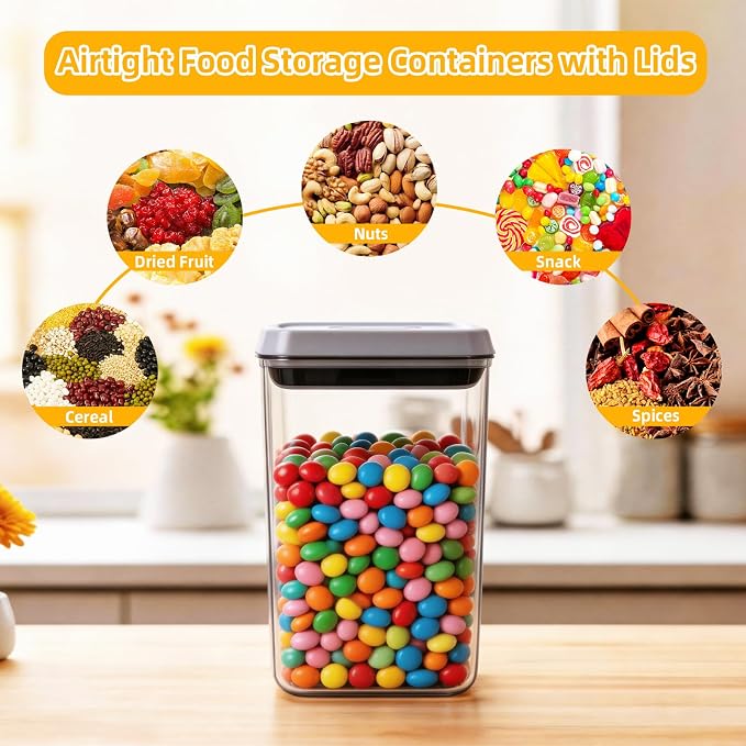 Pop Push Button Airtight Food Storage Containers 6 Set | 4 Sizes: 0.65/0.7/1.8/2.4Qt, BPA-Free Clear Canisters for Pantry, Pasta, Snacks, Coffee, Pet Food, Fridge