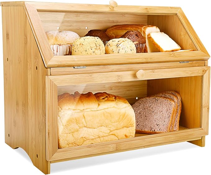 HOMEKOKO Double Layer Large Bread Box for Kitchen Counter, Natural Bamboo | Bread Storage Bin, Wooden, Large Capacity, See Through, Easy Assembly