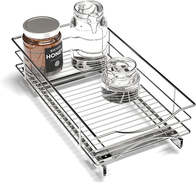 Home Zone Living Pull Out Kitchen Cabinet Organizer with Slide Out Drawer for Space Saving Storage, 11” W x 21” L