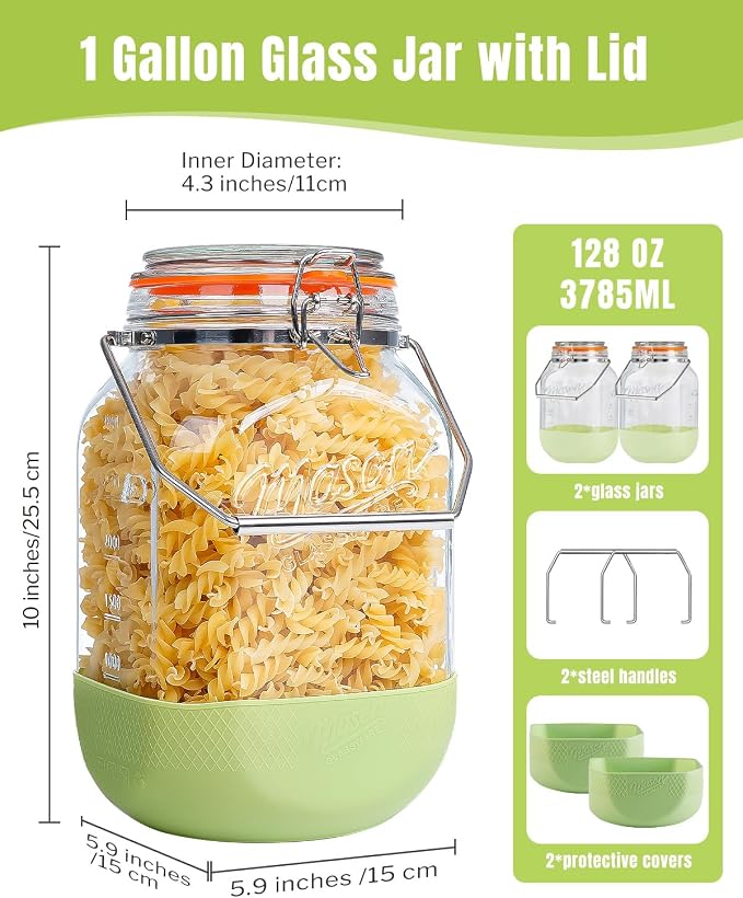 1 Gallon Glass Jar with Lid, 2 Pack Wide Mouth Mason Jars with Airtight Seal, Heavy Duty Glass Storage Container with Handle & Protective Base, Glass Jar for Sun Tea, Pickling, Flour Sugar, Kombucha
