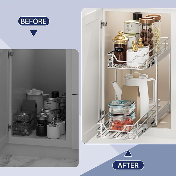2-Tier Pull Out Cabinet Organizer, 9" W x 21.5" D, Heavy Duty Dual Slide Out Shelves for Narrow Base Cabinets, Chrome Wire Basket Drawer for Spices, Bottles & Snacks