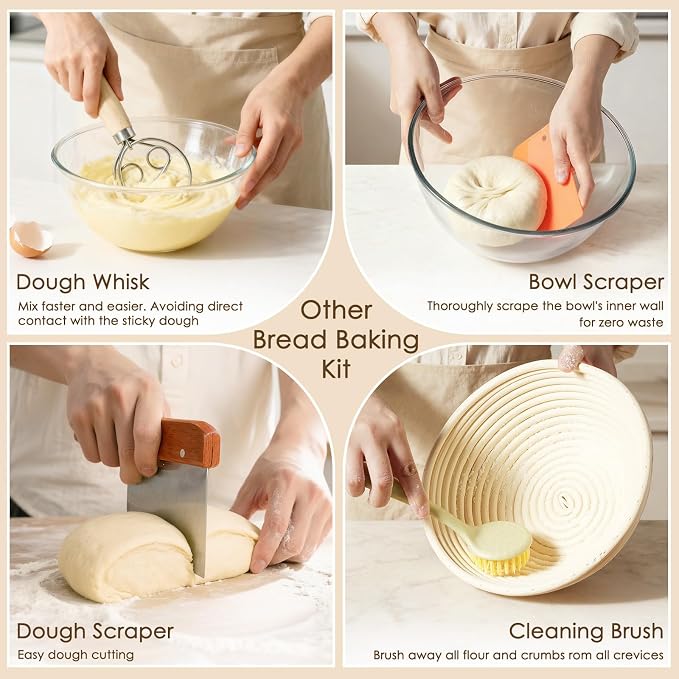 Kikcoin 13 PCS Sourdough Starter Kit with Round & Oval Banneton, Sourdough Bread Baking Supplies with Handmade Baskets, Bread Proofing Basket with Starter Jar, Bread Making Tools Kit for Beginners