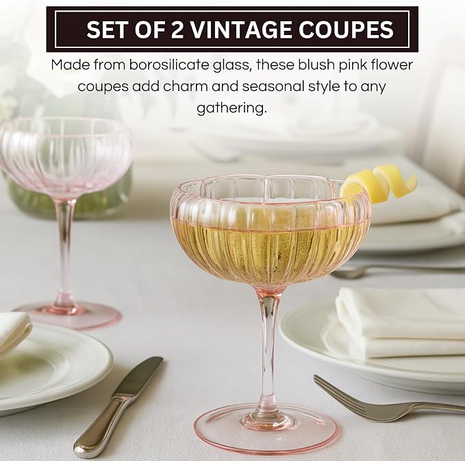 Khen Flower Modern Wavy Glass Coupes Martini, Champagne & Cocktail Coupes - Set of 2-7.7oz Colorful Cocktail Glasses & Prosecco, Mimosa Glassware Copyright Design - Blush Pink