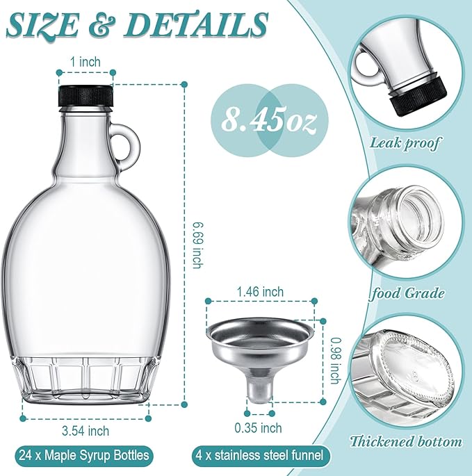 Hoolerry 24 Pack Glass Maple Syrup Bottles with Loop Handle and Lids, 8.45 oz Maple Syrup Containers, Clear Glass Containers for Liquids with 4 Stainless Steel Funnels
